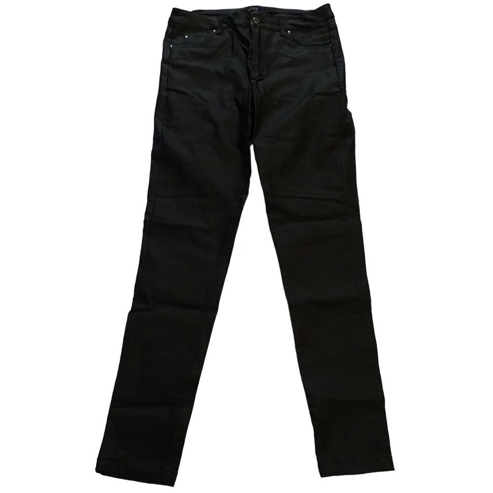 Spym Black Coated Leggings Skinny Pants Stretch Women Size 14 Zipper Fly FLAW